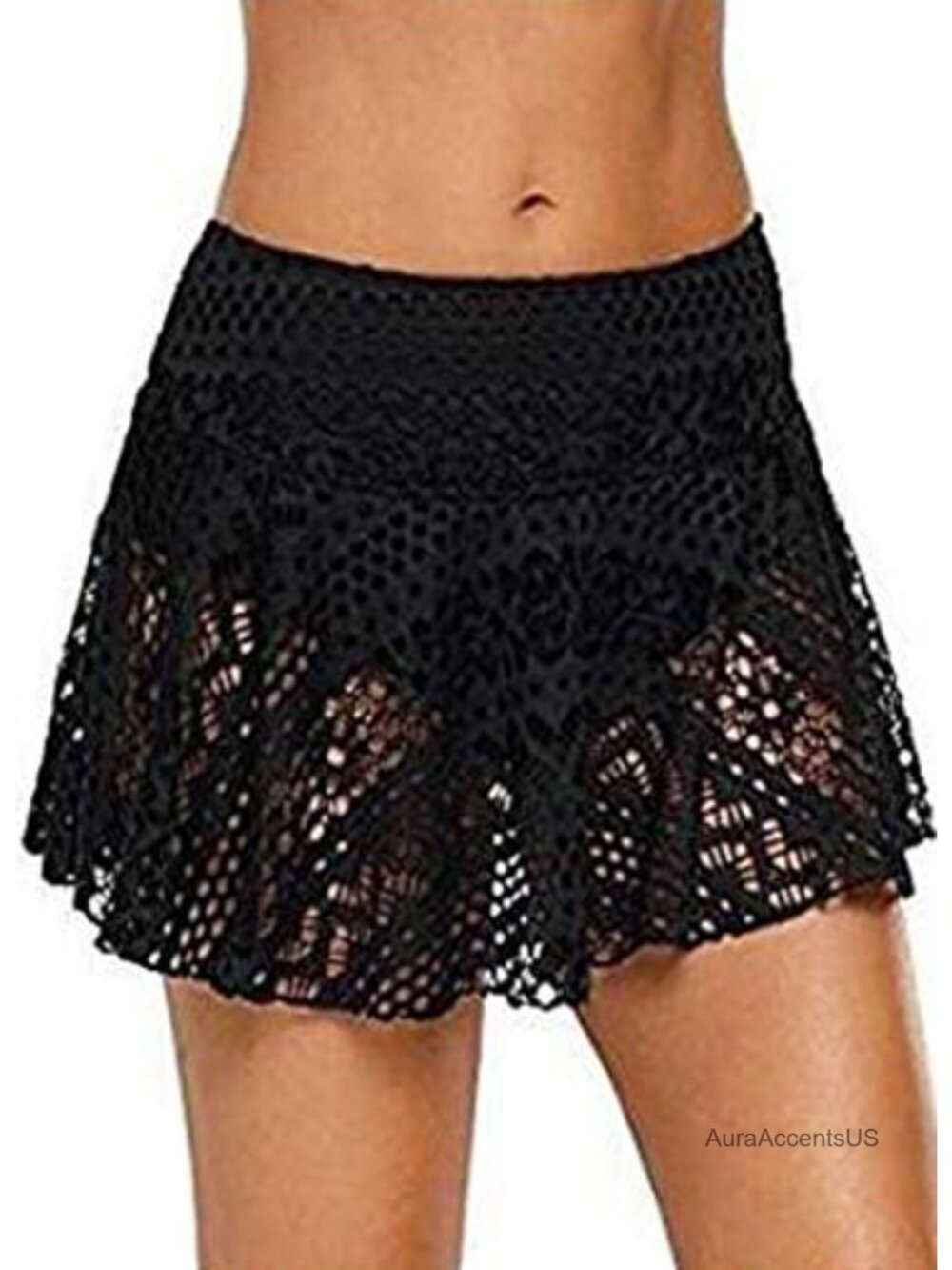 Women's Sheer Lace Skirted Bikini Bottoms with Built-in Brief Swimsuit Skort